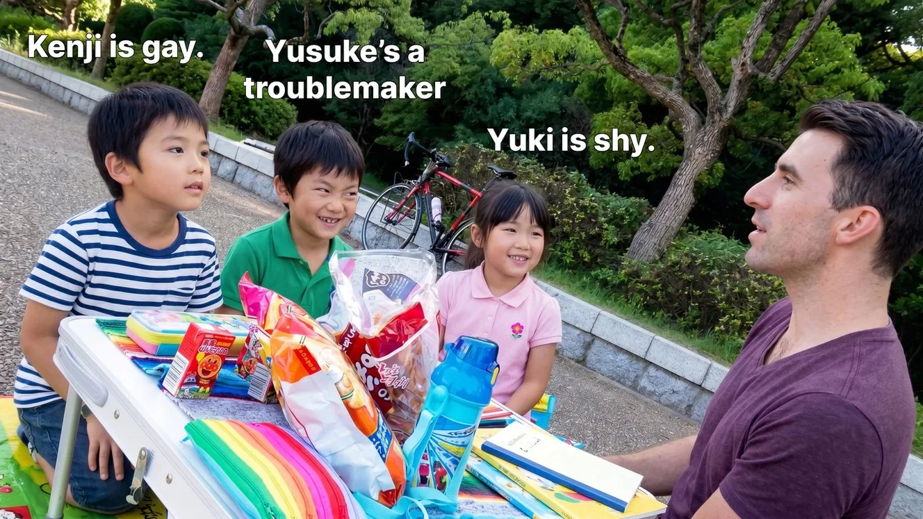 Jef sitting at a low table in a Japanese park with three young students, snacks and notebooks between them