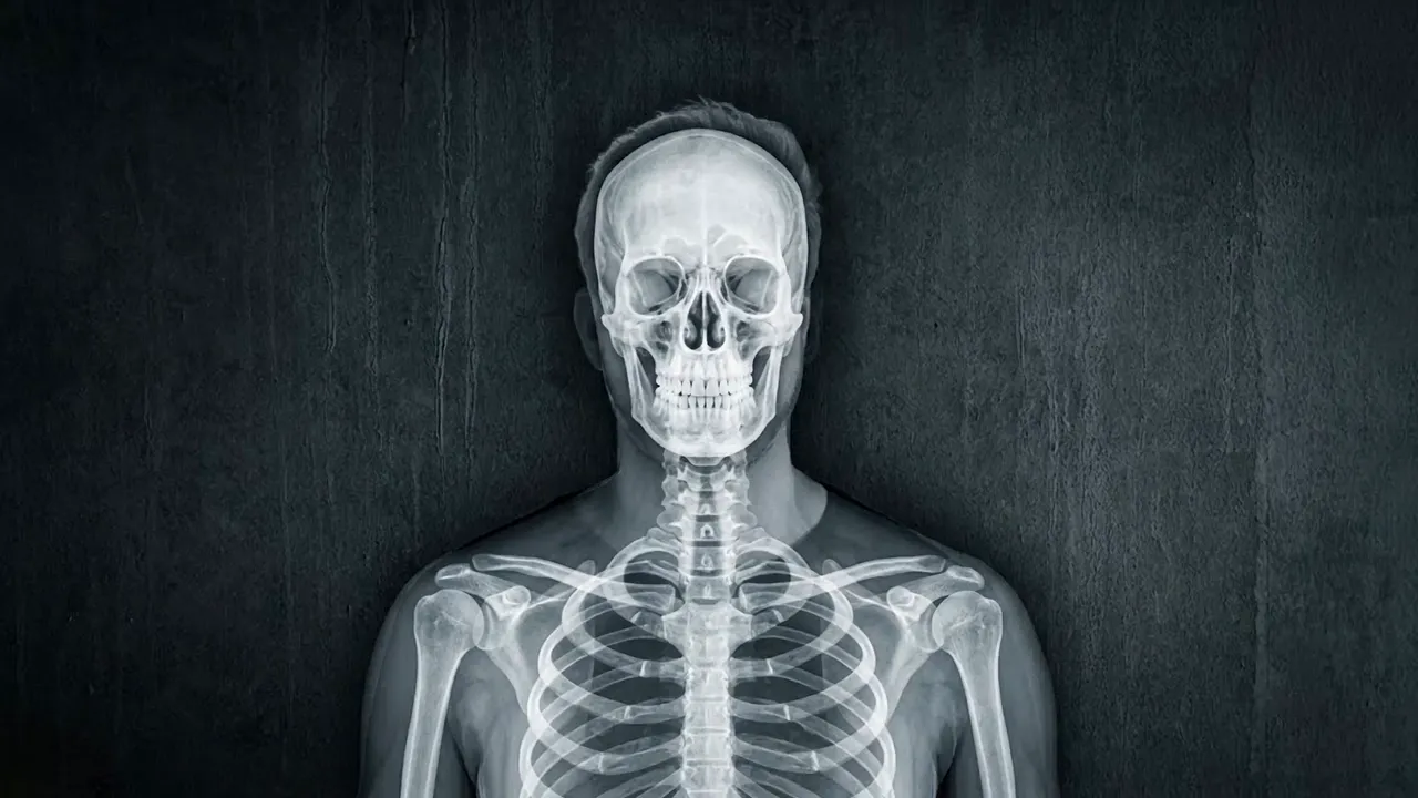 An X-ray of a man standing against a dark concrete wall